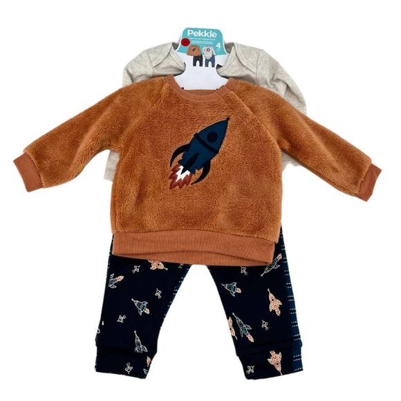 Pekkle | Boy's Plush Top Clothing Set | 4 Pieces | Brown & Blue | Various Sizes - Picture 1 of 5